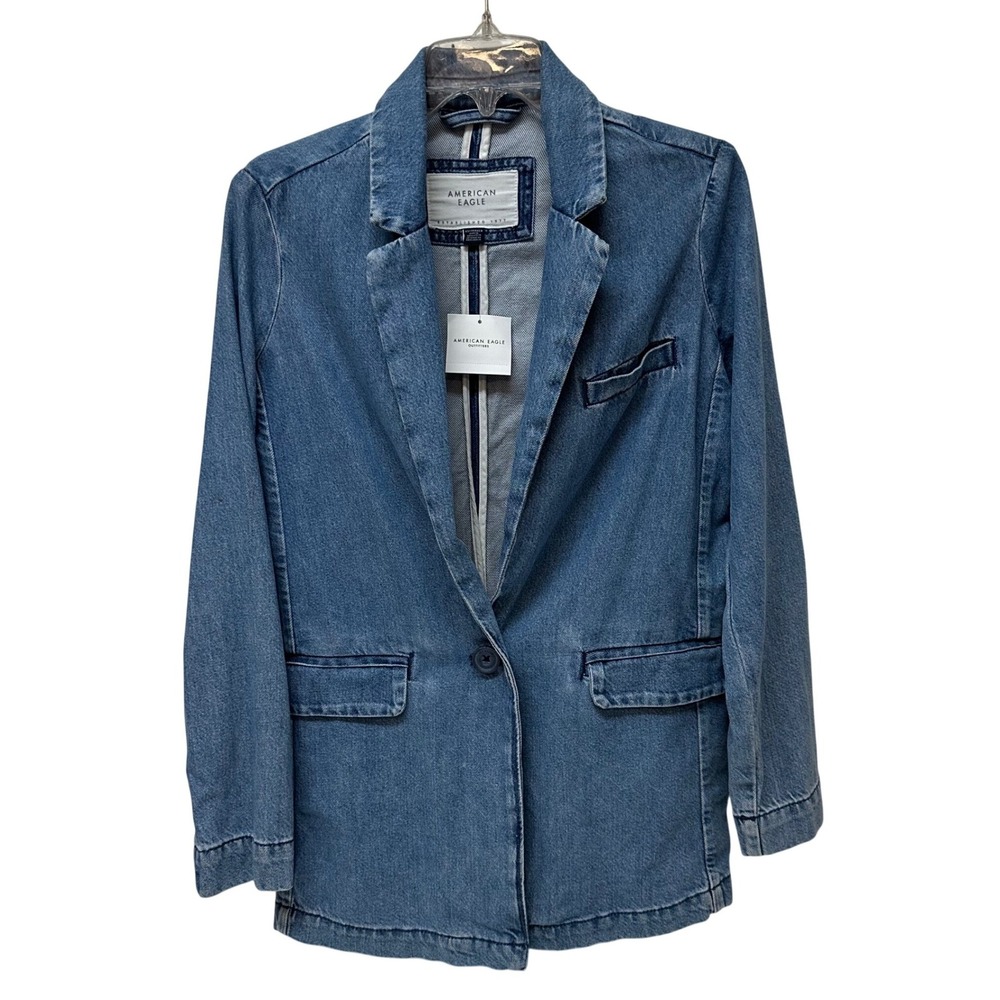American Eagle Women's Denim Blazer Medium Wash Blue Lyocell XS NEW 3463-936